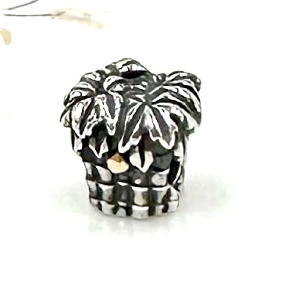 Pandora Palm Tree Coconut Charm Bead Two Tone Sterling Silver Gold Retired - Picture 2 of 8